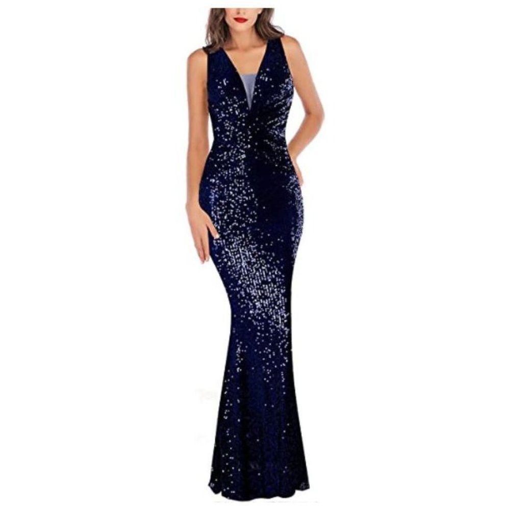 A ARFAR Ladies Sequin Mermaid Dress Deep V-Neck Boho Evening Dress for Women For